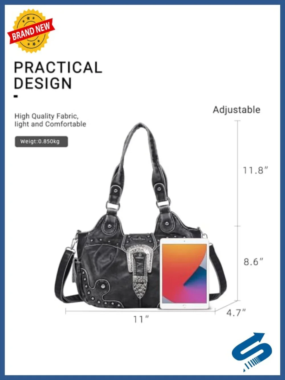 Vegan Leather Hobo Bag with Metal Studs Large Capacity Crossbody Shoulder Purse